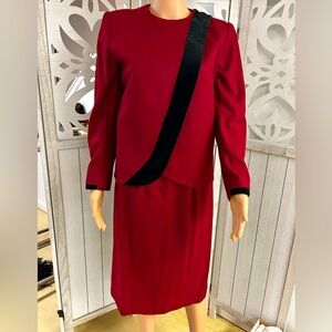 Sasson Maroon Skirt Suit Set Black Velvet Edging Wool Blend Size 8
